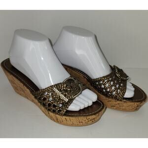Open Toe Slip On Cork Wedge Slide Sandals Size 9 Yellow Box Womens Bronze Debbie